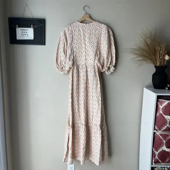 Hunter Bell Dress Palmer Floral Tulip Puff Sleeve White Orange Maxi Dress‎ Sz M - Picture 6 of 9